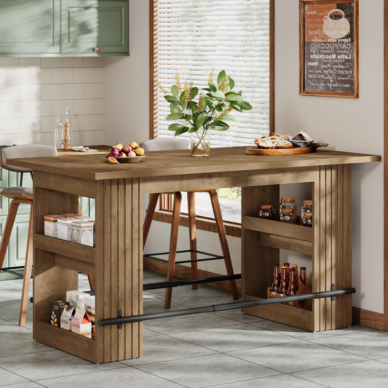 Table de bar 63 pouces avec tablettes de rangement, table de pub à hauteur de comptoir industrielle avec repose-pieds pour cuisine, salle à manger, salon, bistro, brun rustique