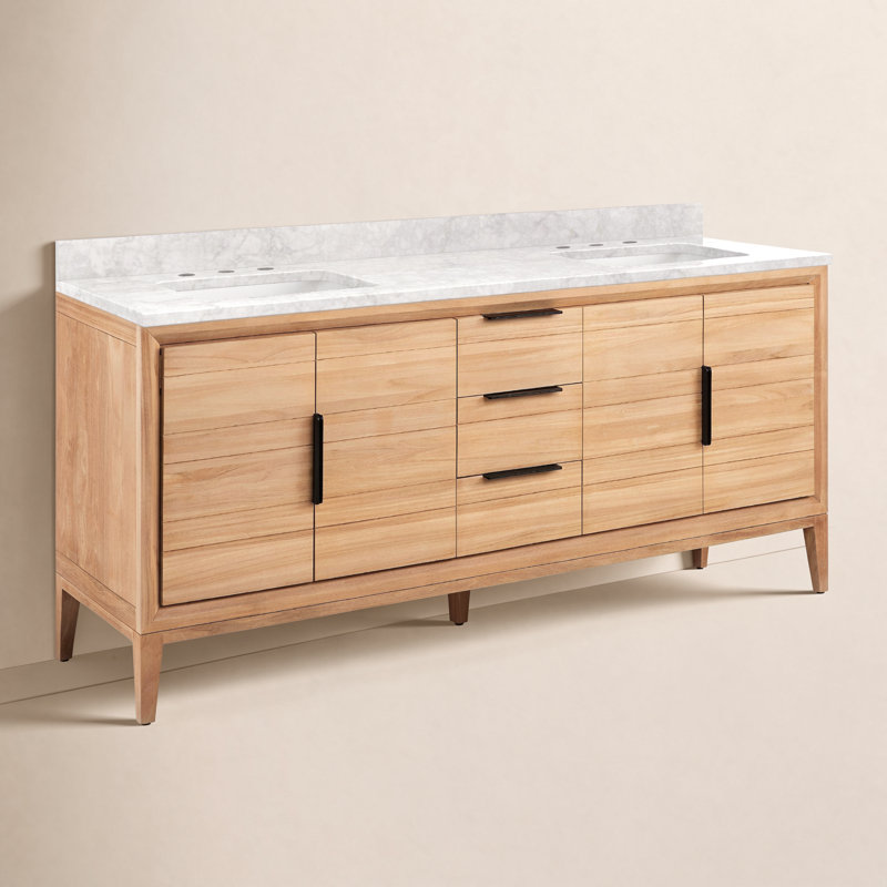 Aliso 72" Double Bathroom Vanity, Carrara Marble, 8" Widespread, Natural Teak