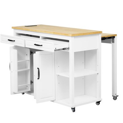 47.2" Kitchen Island With 13.8" Back Extendable Table, Rubber Wood Veneer, Internal Storage, Built - In Power Station