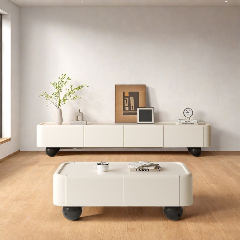 Meuble télé crème avec table basse et comptoir large, Blanc
