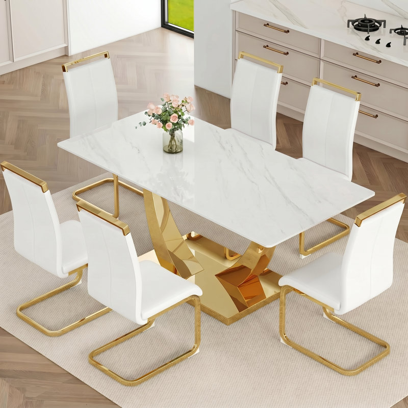 Ensemble de salle à manger 7 pièces Modern Glam, Blanc, Blanc