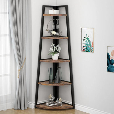 70.07" Tall Corner Shelf, 5 Tier Rustic Brown Corner Bookshelf Bookcase Industrial Corner Ladder Shelf Plant Stand For Living Room, Kitchen, Home Office