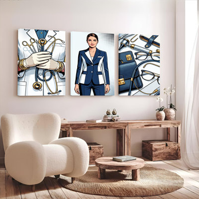Medical Professional Tools And Business Woman Canvas Wrapped Wall Art Oil Painting Print Set Of 3