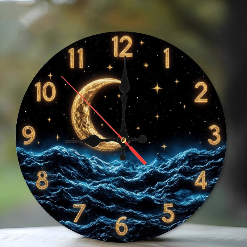 Horloge avec étoile de lune et vagues de l'océan