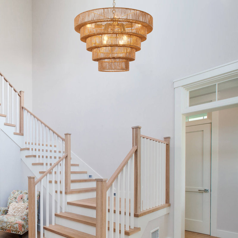 Caytlen 8-Light Dimmable Hand-Woven Rattan Tiered Chandelier, Gold