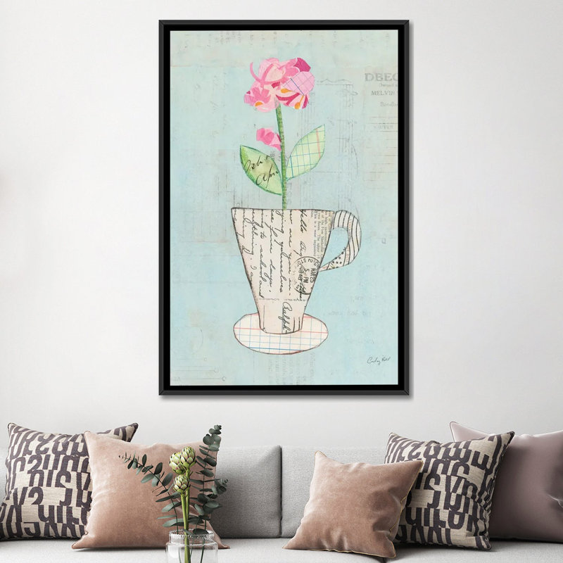 « iii », impression sur toile Teacup Floral, H 48 po x l 32 po x P 1,5 po, Toile avec cadre noir, Non mat