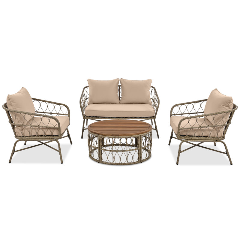Bohemia-Inspired 4-Person Outdoor Seating Group – Wicker Conversation Patio Set with Removable Cushions & Oval Acacia Wood Tabletop
