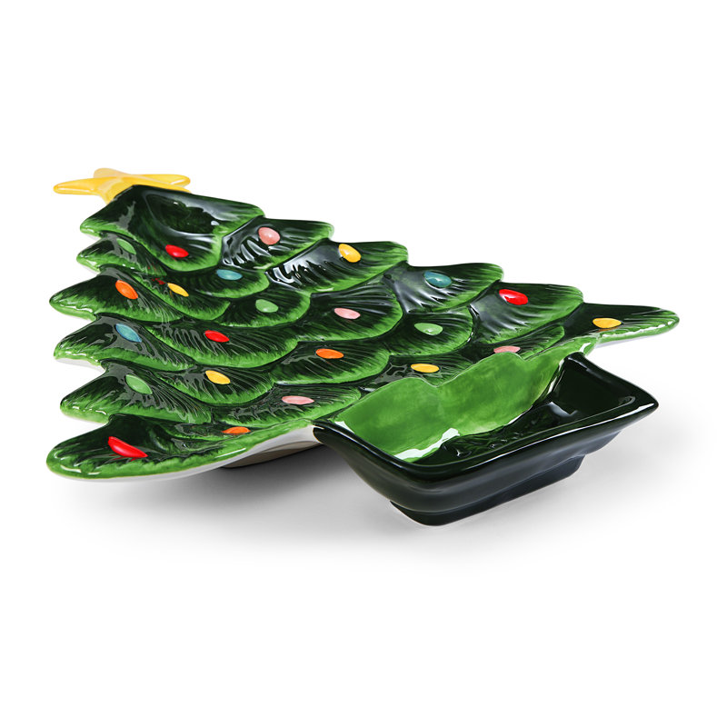 14.25'' Nostalgic Ceramic Tree Dip Platter - Green