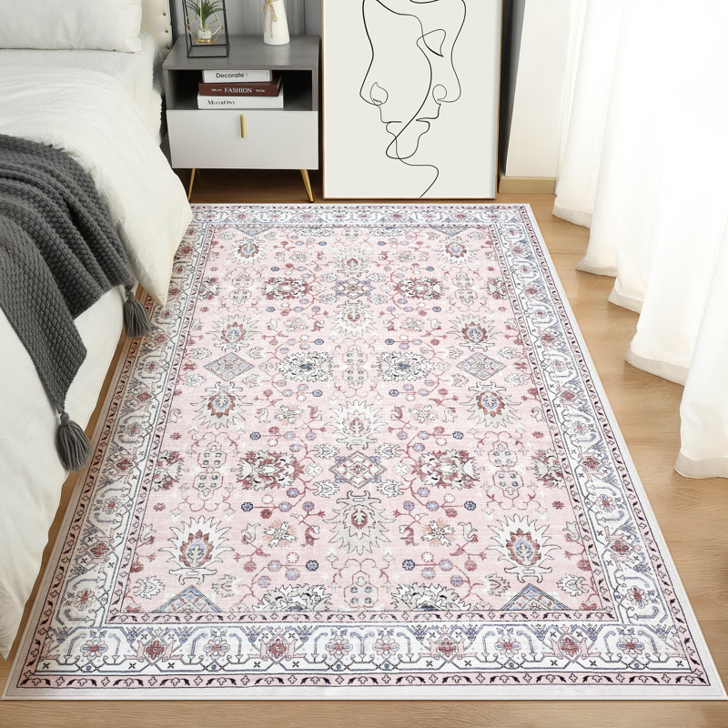 Garvee Area Rug 8x10 Vintage Oriental Rug for Living Room, Thin Washable Carpet with Non Slip Rubber Backing, Soft Non Shedding Floor Covering, Low Pile Foldable Mats for Bedroom, Pink