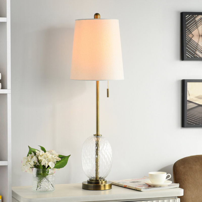 Metal & Glass Table Lamp - Antique Brass & Clear Glass - White Shade