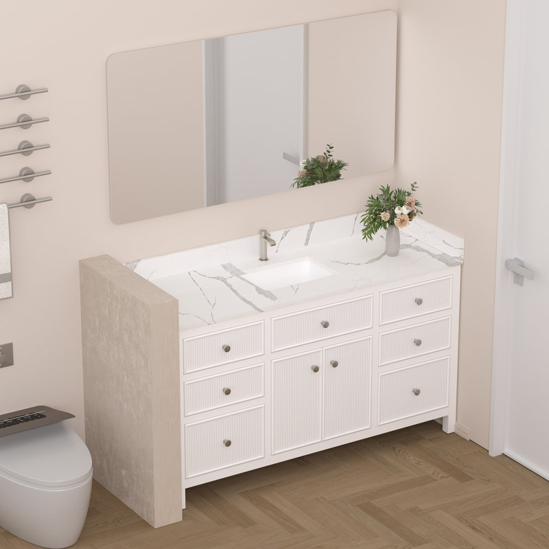 Dessus de meuble-lavabo blanc 60 po avec lavabo en céramique, dosseret et 2 éclaboussures latérales
