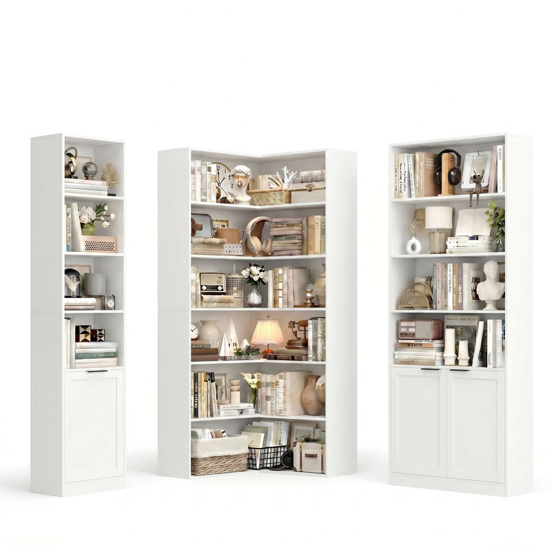 Modular Bookshelf Set: 3-In-1 Customizable Storage Shelf With Doors & Corner Unit, Space-Saving Design, White