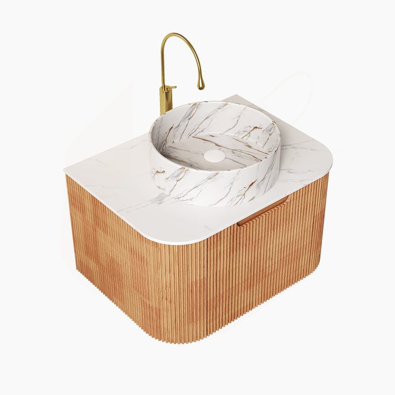 Meuble-lavabo de salle de bain 24 po avec lavabo, meuble de rangement mural rayé à bords arrondis avec tiroir, lavabo rond en céramique blanc avec motif de pierre, pré-assemblé, couleur grain de bois Natura
