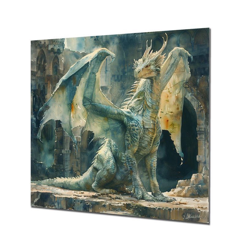 «Green Antique Ruins Dragon I - Dragons», art mural, Métal métal, H 16 po x l 16 po x P 1 po