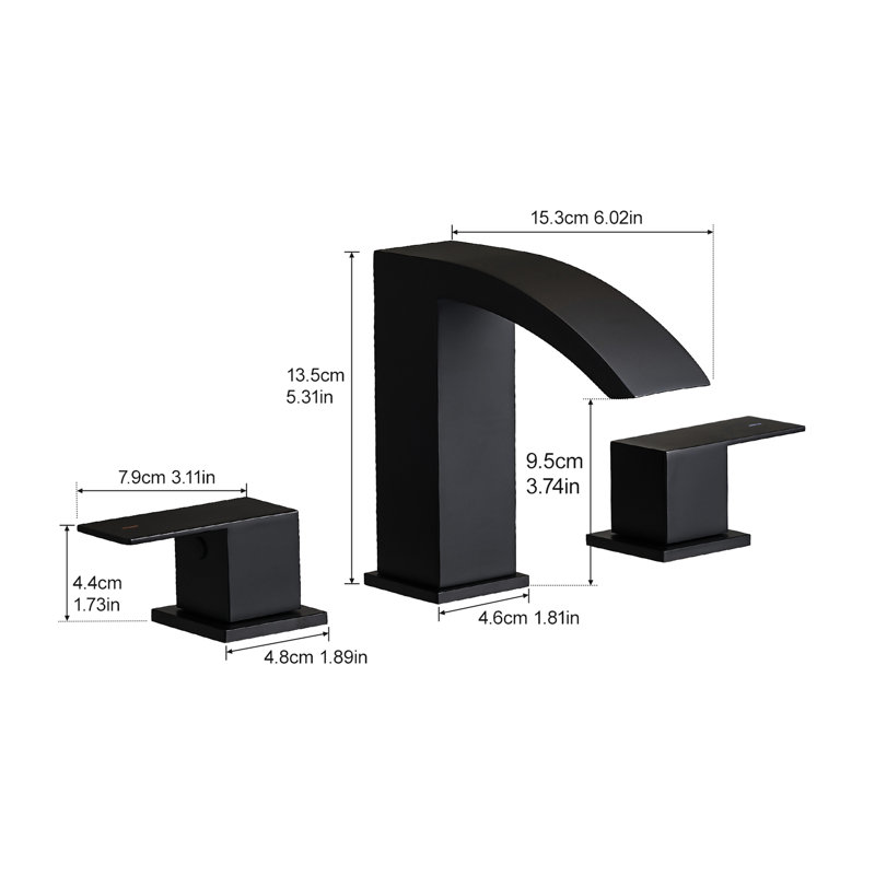 Robinet de salle de bain à 3 trous en acier inoxydable noir mat à 3 trous avec poignées et ligne d'alimentation, design contemporain