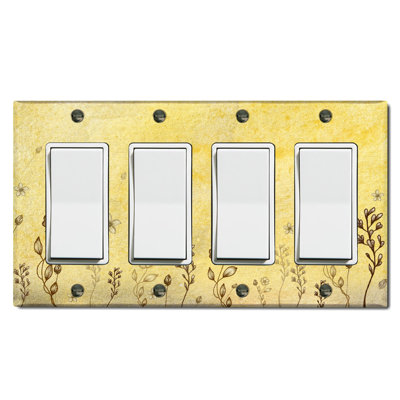 Metal Light Switch Plate Outlet Cover (Yellow Flower Leaves - Quadruple Rocker)