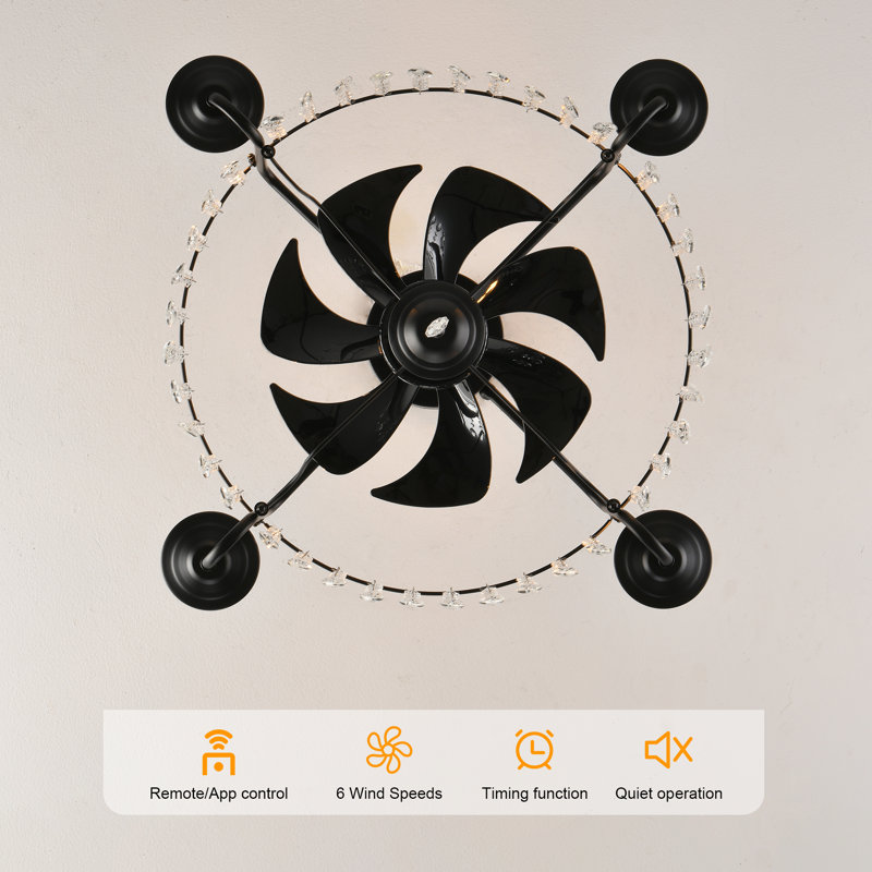 Kassee 19.68'' Black Crystal Chandelier Ceiling Fan with Light Kit and Remote