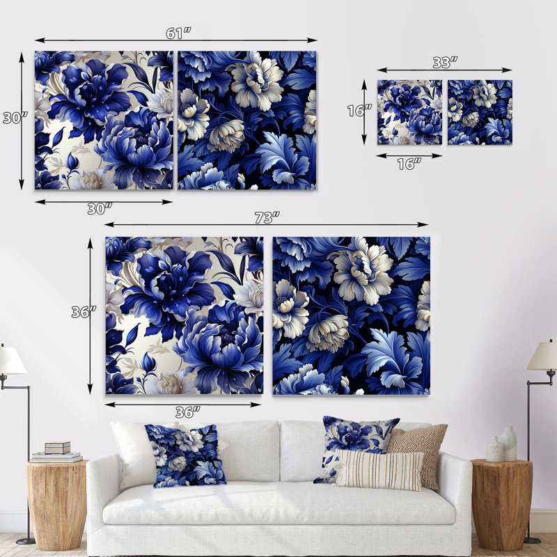 Motif damassé victorien bleu cobalt - ensemble d'art mural en acrylique sur verre floral, H 36 po x l 73 po
