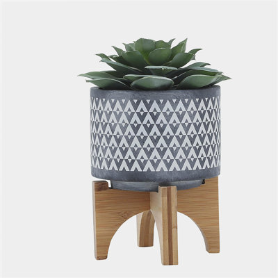 Ceramic 5" Aztec Planter On Wooden Stand, Gray
