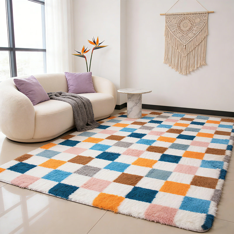Tapis moelleux à poils longs et épais Rainbow Plaid, Rectangulaire 8 pi x 10 pi, Bleu