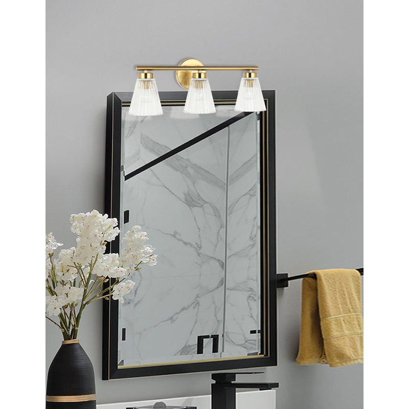 Merdi Vanity - 3 Light - Polished Chrome - Clear Ribbed Glass, Aged Brass