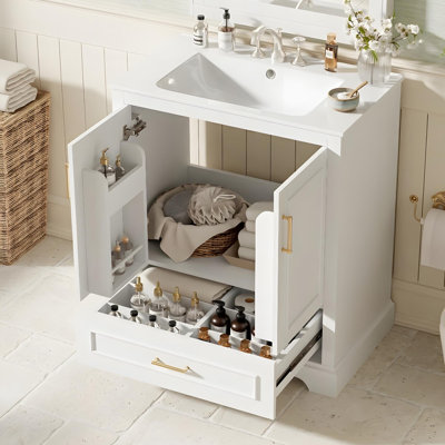 Meuble-lavabo de salle de bain avec lavabo en céramique, tiroirs compartimentés, portes à fermeture en douceur et tablette d'armoire