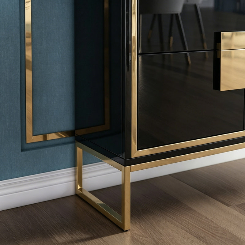 Buffet en verre trempé de style moderne, Gold/Black/Black