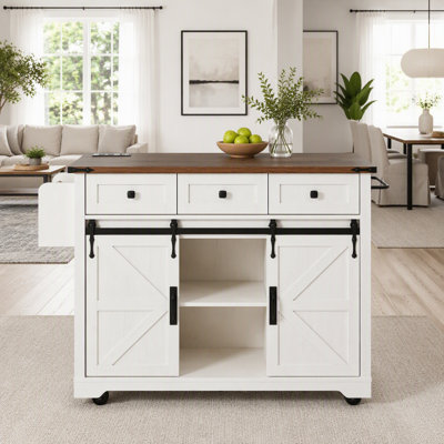 Farmhouse Kitchen Island with Sliding Barn Doors, Drop Leaf, and Storage