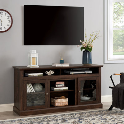 Meuble télé moderne pour téléviseur de 65 po, centre de divertissement avec portes en verre, console média en brun, l 60 po x P 16,05 po, H 29 po, découpes de gestion des câbles jusqu'au centre brun, cache-cernes, 60 po 16,05 po 29