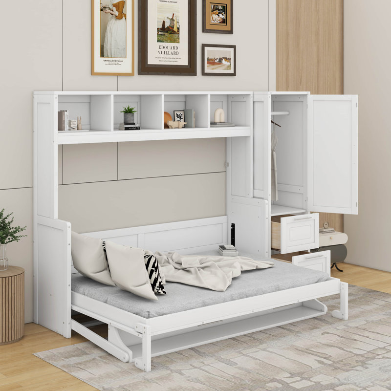 Lit escamotable double avec tiroirs et garde-robe, Blanc