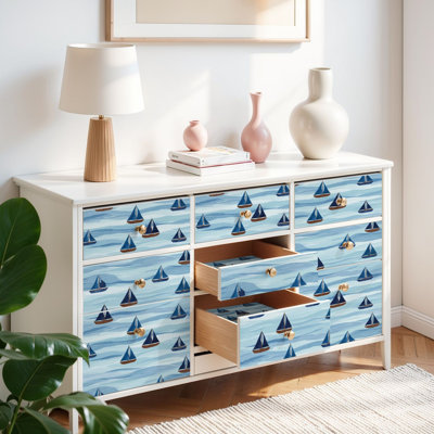 Papier peint auto-adhésif pour enfants, voilage nautique, voiles bleues, eau ondulée auto-adhésive et amovible 17,7 po x 118 po (45 x 300 cm)