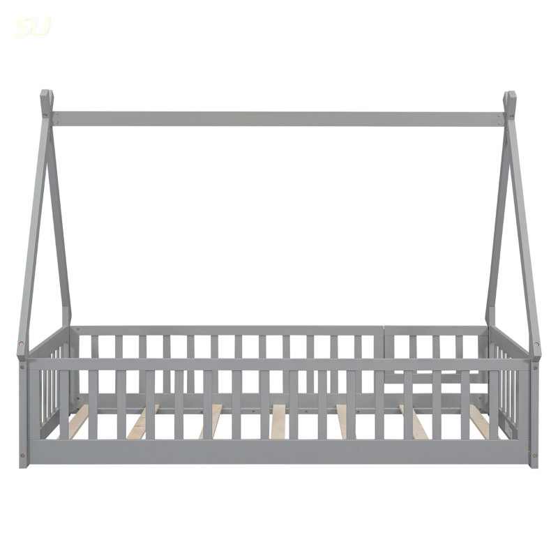 Lit simple en forme de tente, avec garde-corps, lattes, porte, gris, lit, Gris, Lit simple