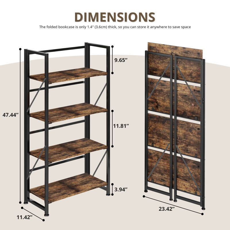 4-Tier Foldable Bookshelf With Metal Frame, No-Assembly Storage Shelves & Plant Display Rack For Home Office, Rustic Brown