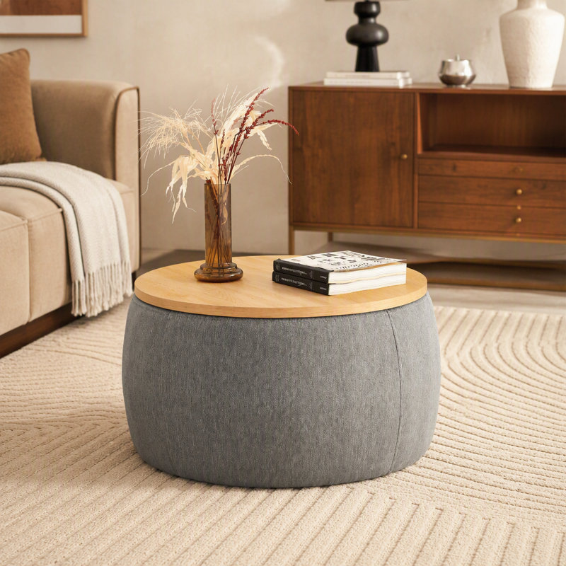 Round Storage Ottoman, 2 In 1 Function, Work As End Table And Ottoman, Gray