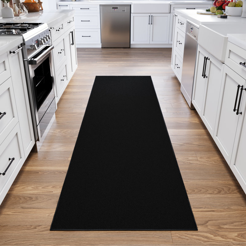 Black Solid Synthetic Washable Runner Rug with Non-Slip Backing