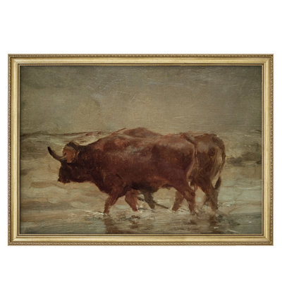 Rustic Brown Cow Farm Animal Scene Wall Decor for Living Room Bedroom or Farmhouse Style Home Framed Wall Art 26"x36"