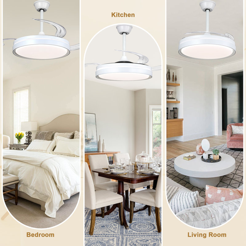 Aadvik 42" Retractable Ceiling Fan with Light and Remote, 6-speed Reversible Motor, Retractable Fandelier for Bedrooms, White