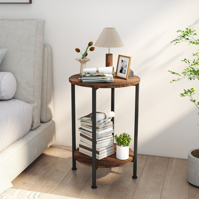 Round Side Table 25.2" Height, 2-Tier Storage End Table with Sturdy Frame, Easy to Assemble for Living Room Bedroom, Brown