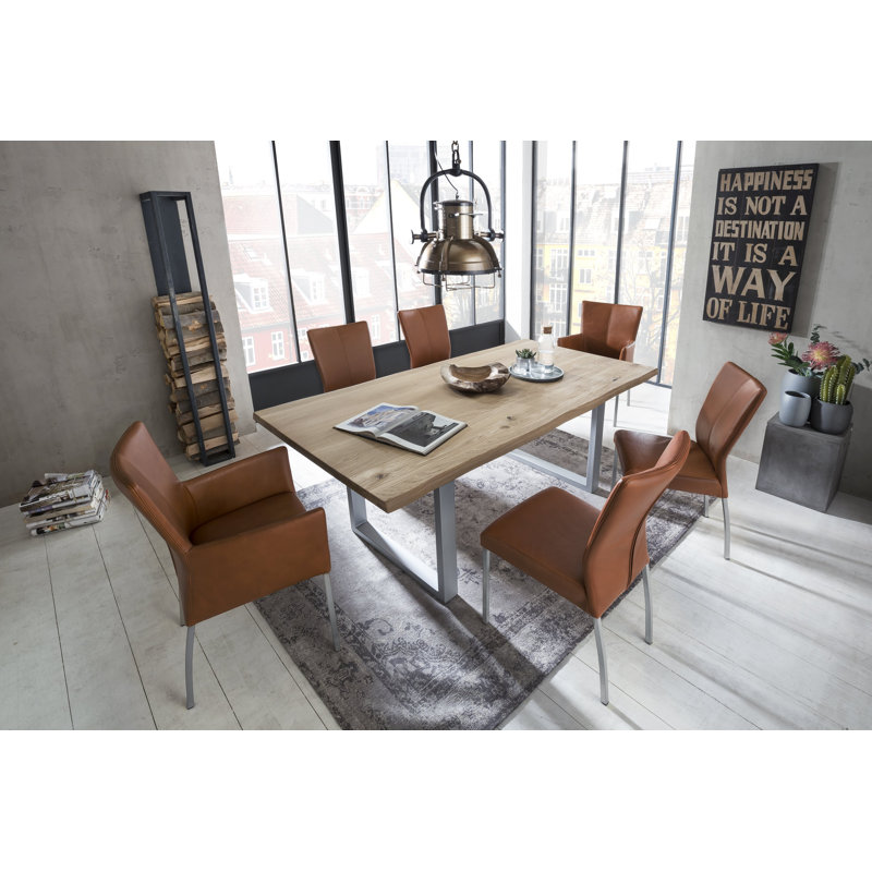 Elara Oak Solid Wood Top Metal Base Dining Table, Silver