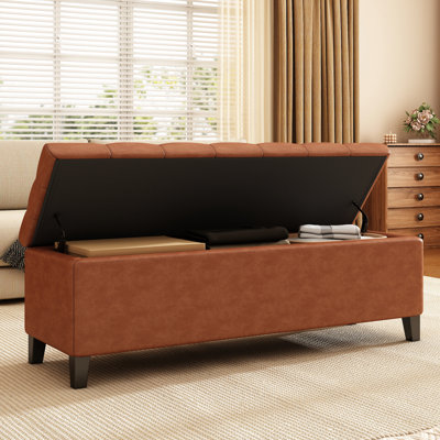 Bouton, rangement, brun cognac, point diamant, cuir PU, pieds en bois de bouleau, design contemporain, fonction polyvalente brune, 52,36 po de profondeur, 17,63 de largeur, 16,76 de hauteur, 23,62 lb
