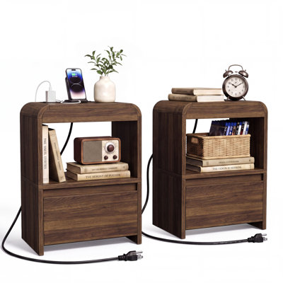 15.7" W Nightstands, Wooden Bedside Tables with Drawer & Charging Station