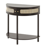 Half-moon Rattan Console Table 2 Storage Drawers 31.88x15.74x32.28inch Rattan Sliding Door Black, Rattan Entryway Table with Storage