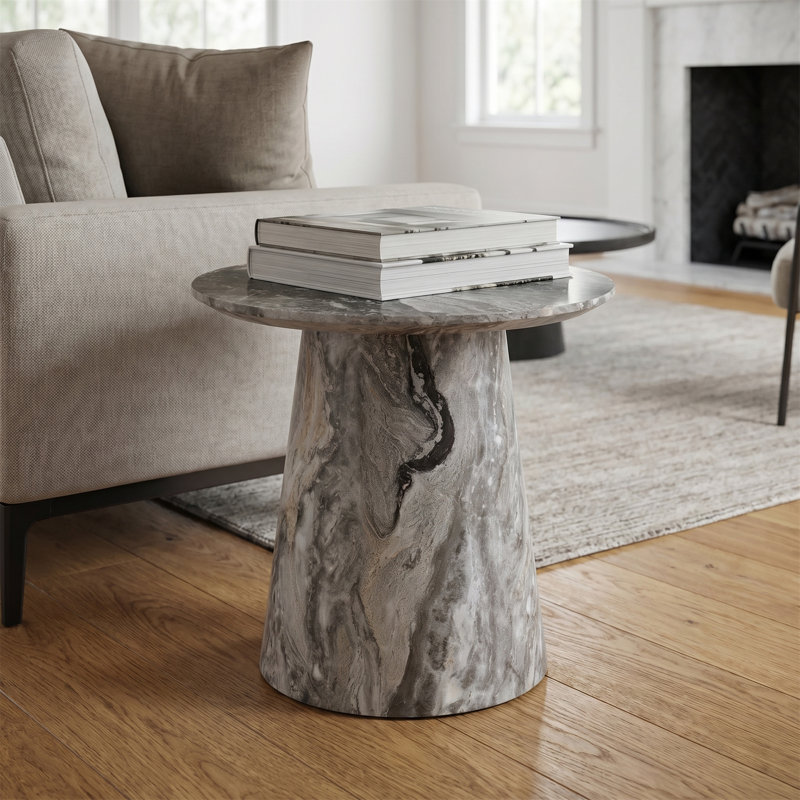 Table basse ronde de 19,6 pouces avec une finition texturée grise, idéale pour les salons et les chambres, Gris, Marbre