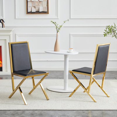 Chaise de salle à manger moderne, ensemble de 2 chaises d'appoint en polyuréthane noir avec cadre en métal doré