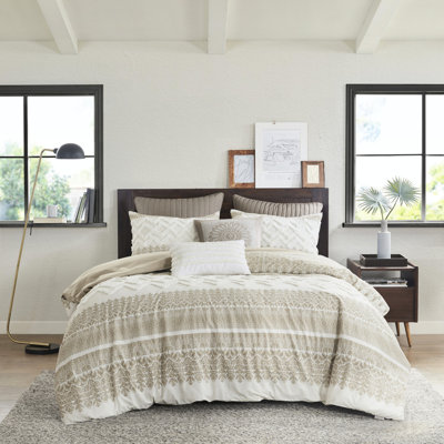 Housse de couette en coton 3 pièces double / grand, capitonnage en chenille, toucher, design, envers taupe, literie lavable pour lit double / grand, élégance, imprimé, machine