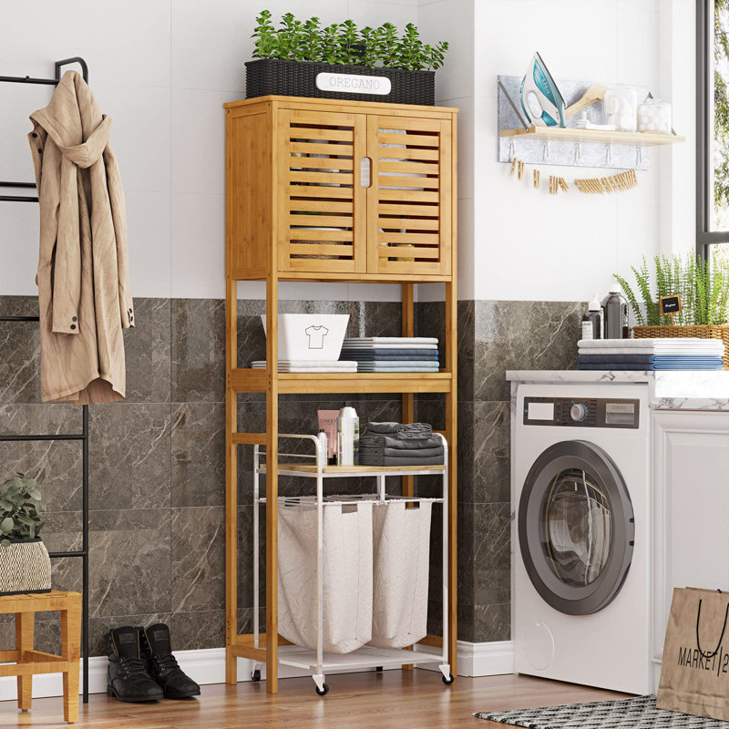 Armoire de rangement en bambou au-dessus de la toilette - Grand organisateur de salle de bain autoportant avec tablettes réglables, étagère compacte pour salle de lavage et balcon, naturel