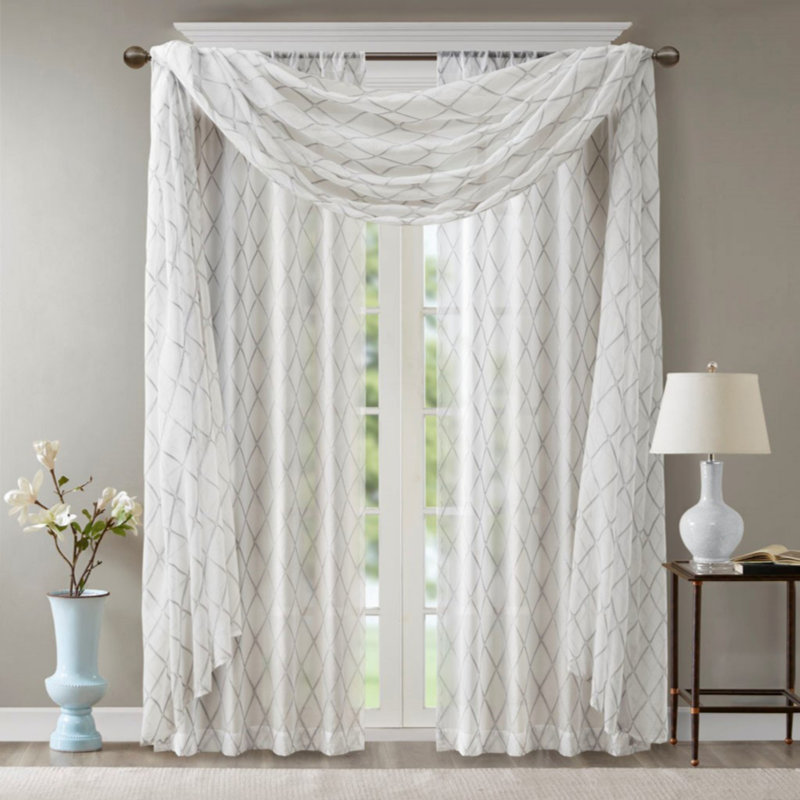 Écharpe de fenêtre transparente brodée diamant, Gris / blanc, L 50 po x L 216 po