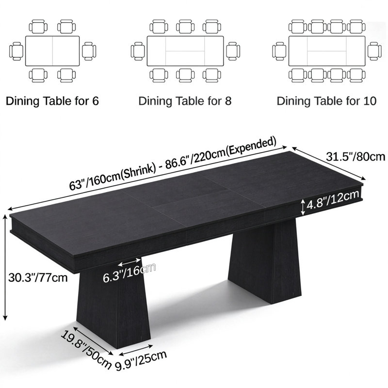 Table de salle à manger extensible de 160 à 220 cm pour 6 à 10 personnes, table de cuisine rectangulaire extensible en bois massif, style moderne du milieu du siècle, pour la cuisine et la salle à manger