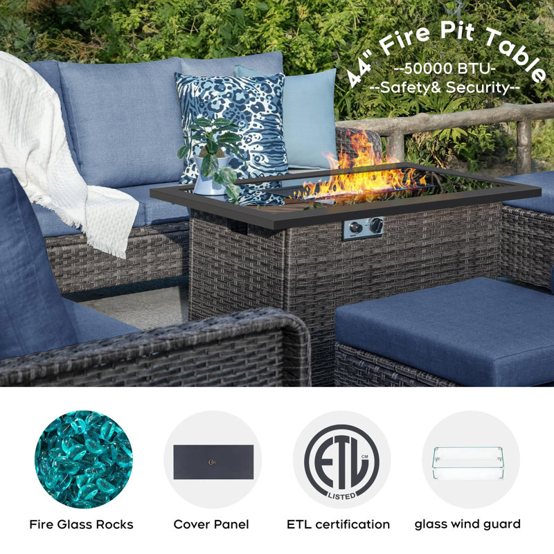7 - Person Rectangular Outdoor Dining Set with Fire Pit Table and Cushions, Greyish Brown, Blue
