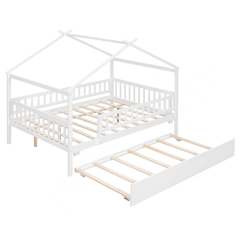 Lit en bois avec lit gigogne simple, Lit double, Blanc